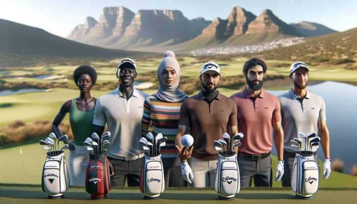 Golfers utilizing popular tees from PrideSports, Callaway, TaylorMade on a picturesque South African course.