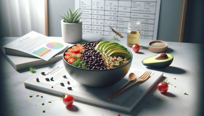Quinoa and black bean salad with avocado and cherry tomatoes in a minimalist bowl.