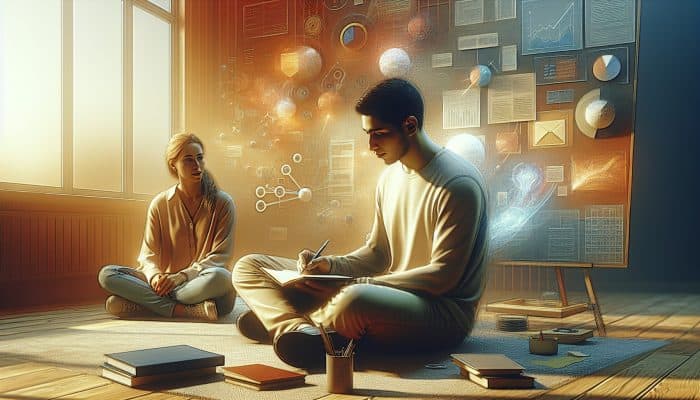 A person writing in a journal in a cozy space, with a supportive friend listening attentively nearby.