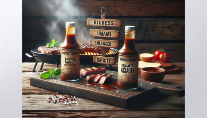 Bottles of Lea & Perrins and French's Worcestershire sauces on a rustic table with BBQ grill and sizzling meat.