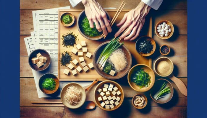 Ingredients for miso soup, including bowls of miso paste, seaweed, green onions, and tofu, arranged by a chef's hands.