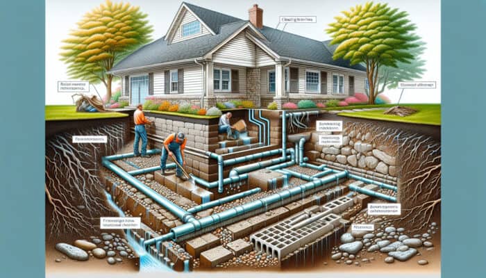 Illustration of weeping tile system maintenance: removing debris and vegetation, checking for blockages to prevent water pooling around the foundation.