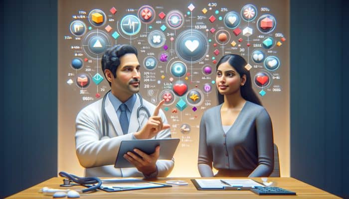 A doctor and patient reviewing a detailed cholesterol test report in a clinic.