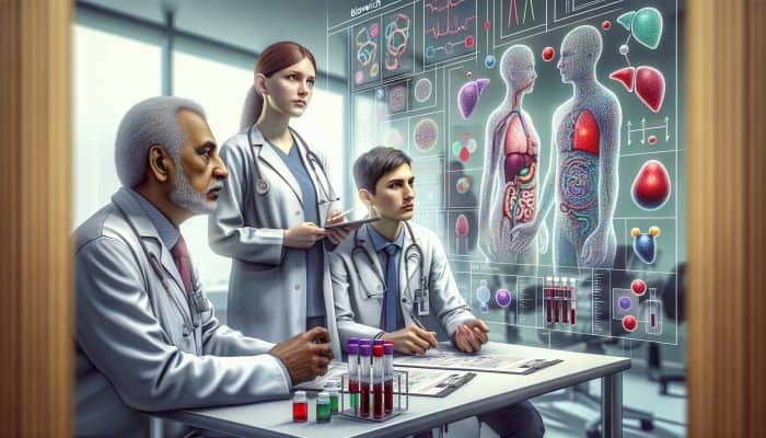 A medical illustration depicting liver blood testing within a modern Bloxwich clinic, showcasing experts and advanced equipment.