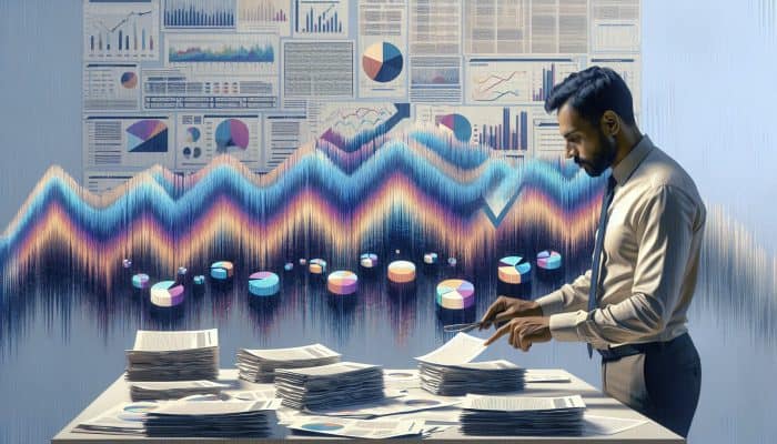Myth: Will Consolidation Loans Instantly Improve My Credit Score?: | DCL Person reviewing financial documents and credit reports, surrounded by charts showing credit score fluctuations.