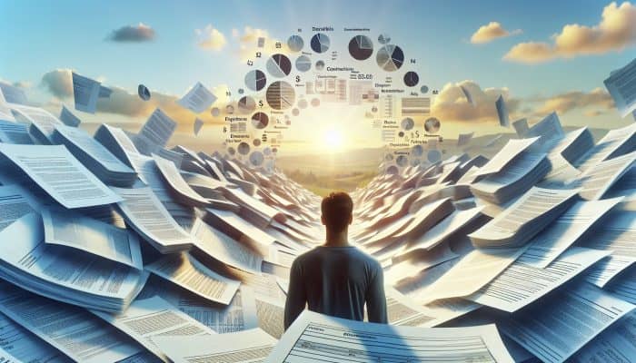 How Debt Consolidation Boosts Confidence: UK Edition | DCL A serene person amidst organized financial documents, symbolizing clarity and confidence from debt consolidation, with a hopeful future backdrop.