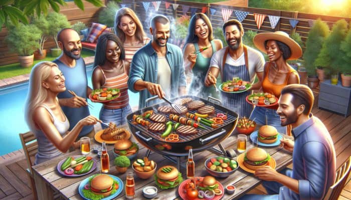 A lively backyard BBQ scene featuring beginners grilling steaks, burgers, and vegetables, surrounded by cheerful friends.
