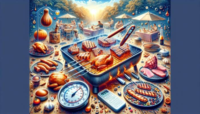 A vibrant BBQ scene featuring various meats on a grill, monitored by a meat thermometer, timer, and reference guide.