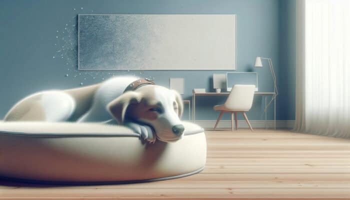 A relaxed pet wearing a calming collar on a cozy bed in a softly lit room.