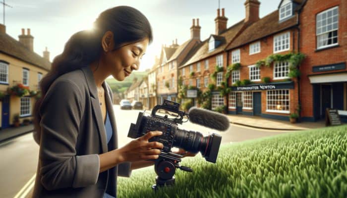 A small business owner recording a promotional video in Sturminster Newton using professional equipment amidst charming architecture and greenery.