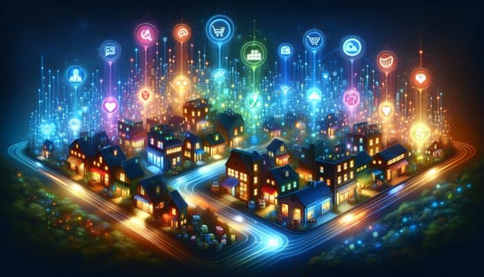 Vibrant digital landscape of online marketing in Royal Wootton Bassett, connecting businesses to customers.