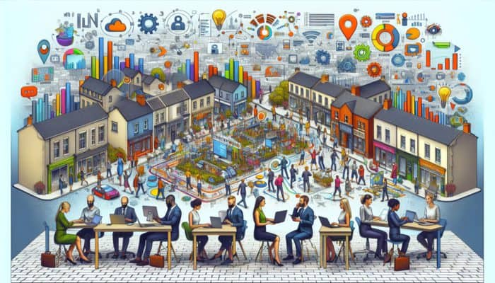 A digital marketing hub in Royal Wootton Bassett with small businesses utilizing technology, surrounded by strategy charts and success graphs.