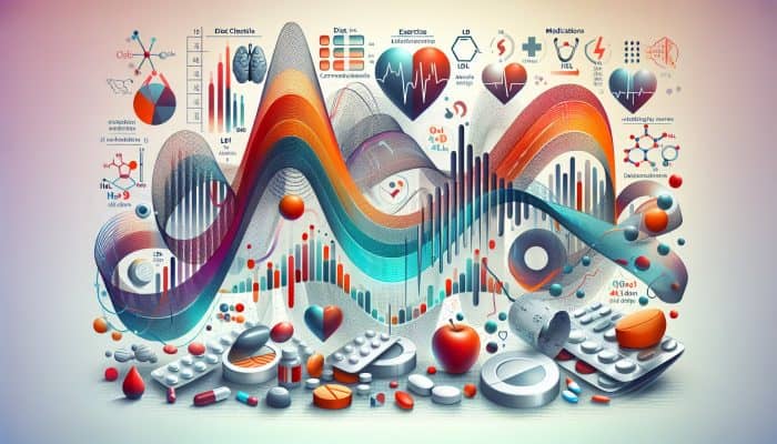A medical chart showing cholesterol level variations due to diet, exercise, medication, and stress, featuring graphs and clinical notes.