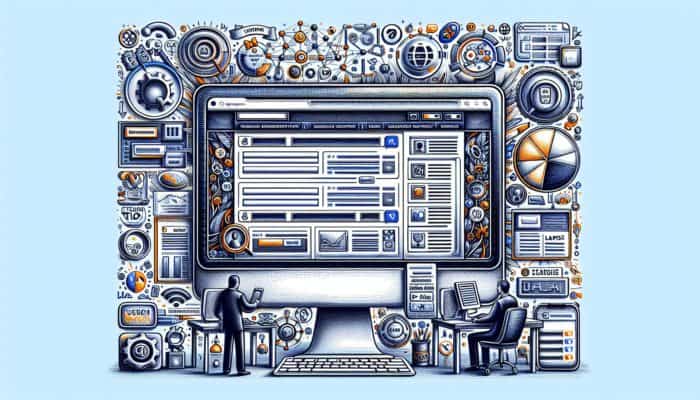 On-Page SEO in Plymouth for Small Business: A computer screen showcasing a website with highlighted SEO elements amidst icons representing search engine and user engagement.