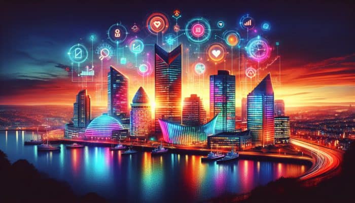A sunset over Plymouth cityscape illuminated by vibrant neon SEO keywords above contemporary buildings.