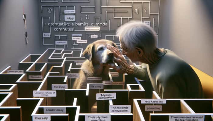 An elderly dog, appearing confused and lost in its familiar home, depends on its owner for guidance due to cognitive decline.