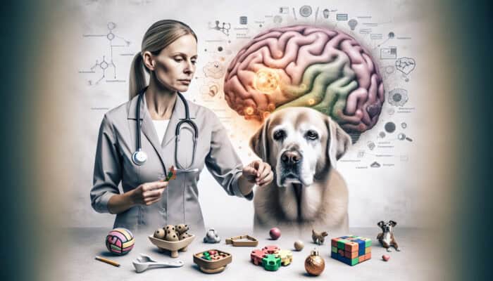 An elderly dog surrounded by cognitive toys and a veterinarian, emphasizing the importance of mental stimulation in slowing cognitive decline.