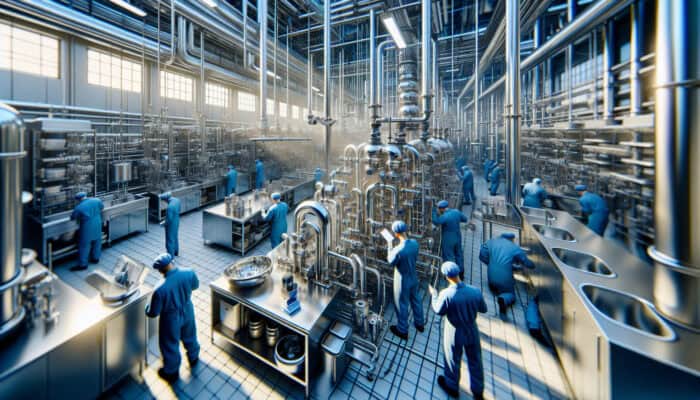 Commercial Plumbing Services in Ladner Delta: Plumbers in blue uniforms meticulously maintaining stainless steel sinks and pipes in a busy commercial kitchen.