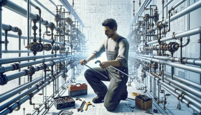 A skilled plumber in overalls diligently working on commercial plumbing systems in Ladner, Delta, showcasing expertise and professionalism.