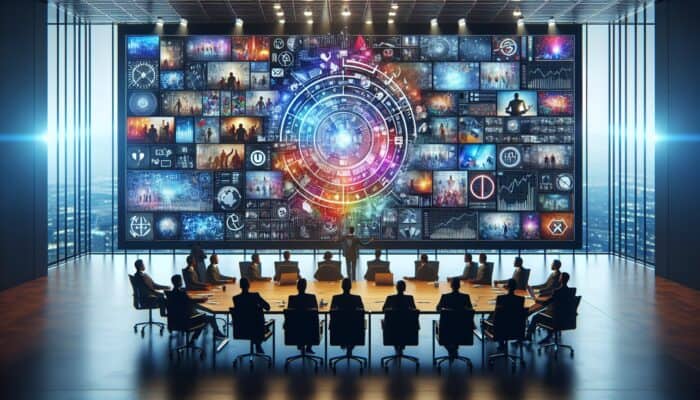 A vibrant collage of user-generated videos displayed on a screen, surrounded by strategy and growth icons in a modern office.