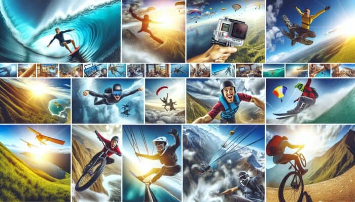 A vibrant collage of GoPro videos showcasing surfing, skydiving, and mountain biking, highlighting user engagement and creativity.