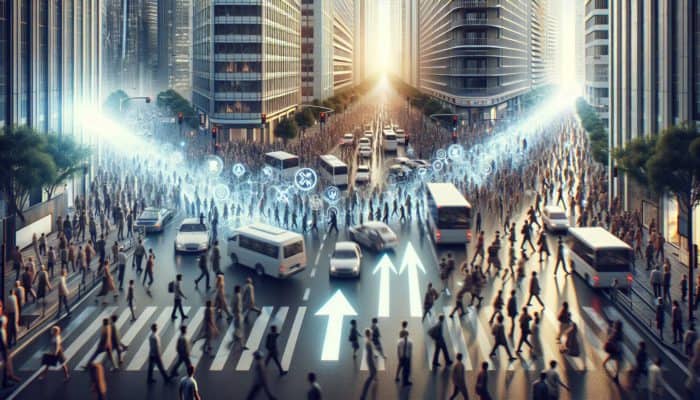 Urban Escape Routes: Crowded city street with people evacuating via glowing arrows past high-rises and traffic during an emergency.