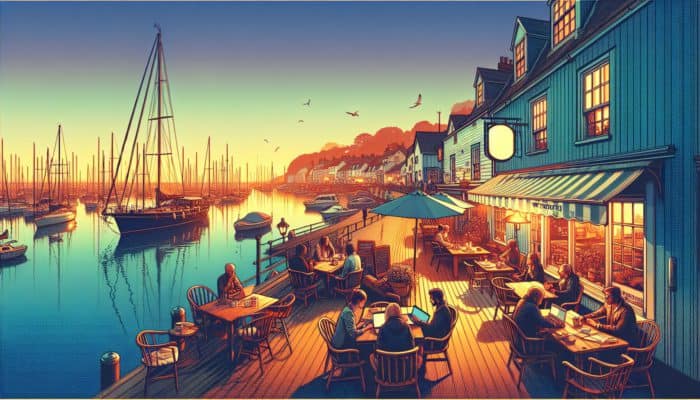 A tranquil Weymouth harbor at sunset, with experts engaged in blogging at a cozy cafe.
