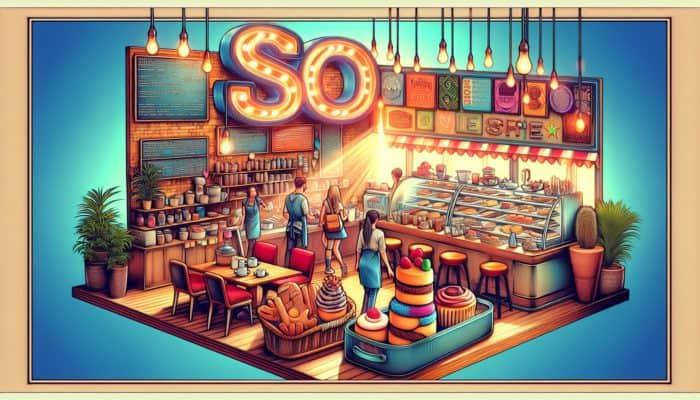 A bustling Weymouth coffee shop displaying a "Best Pastries in Weymouth" sign, with locals and tourists engaging, and SEO keywords integrated into decor and menu.