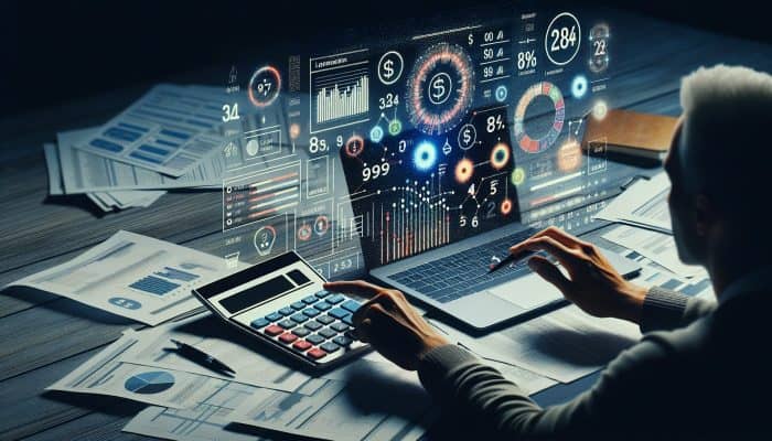 Debt Consolidation Loan Cost Calculators: UK Guide | DCL Person using calculator on desk with financial papers, graphs, and laptop showing loan comparison.