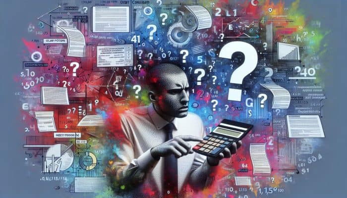 Debt Consolidation Loan Cost Calculators: UK Guide | DCL A person appears confused while using a calculator amidst scattered loan documents, graphs, and financial charts, illustrating the complexity and potential inaccuracies in debt consolidation loan cost calculations.