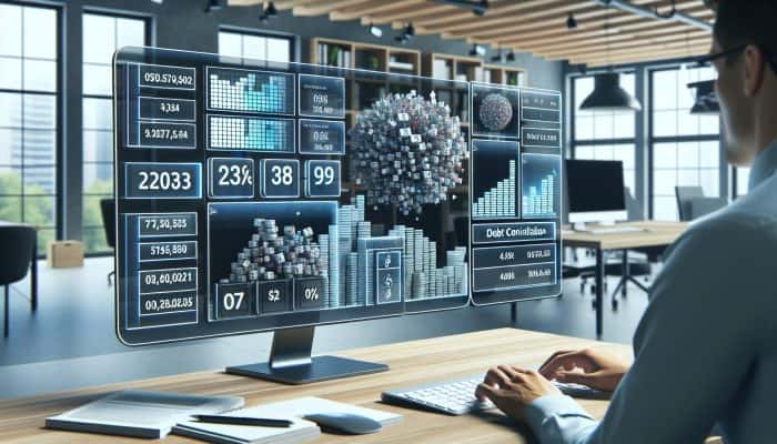 Debt Consolidation Loan Cost Calculators: UK Guide | DCL Person comparing debt consolidation loan calculators on computer, with graphs and data in modern office.