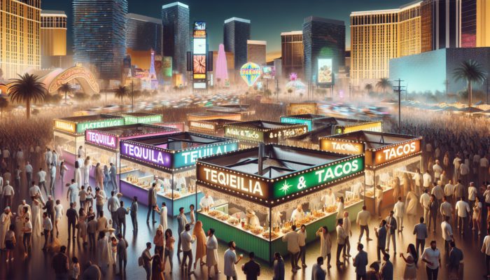 Colorful Tequila & Taco Fest in Las Vegas featuring booths, tequila tasting, and tacos amidst vibrant nightlife.