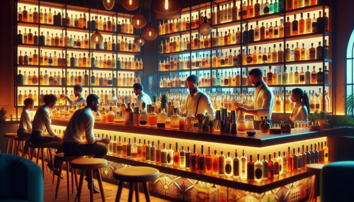 A vibrant tequila bar showcasing extensive premium and artisan selections, knowledgeable staff, and a cozy atmosphere.