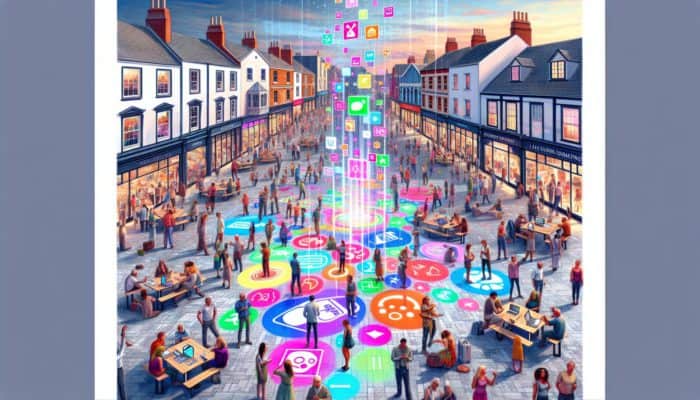 Content Creation in Calne for Small Business: A vibrant Calne town square showcasing locals interacting with digital displays that embody the town's cultural essence.