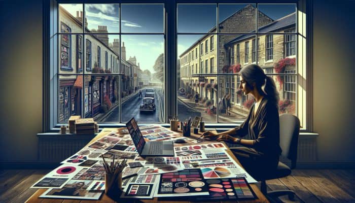 A small business owner in Calne managing marketing materials at a desk, with historic architecture in view.