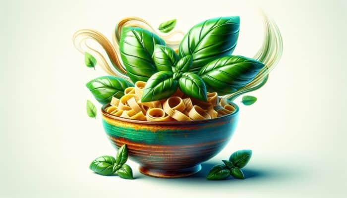 A bowl of pasta adorned with fresh basil leaves, significantly boosting the dish's flavor and visual appeal.