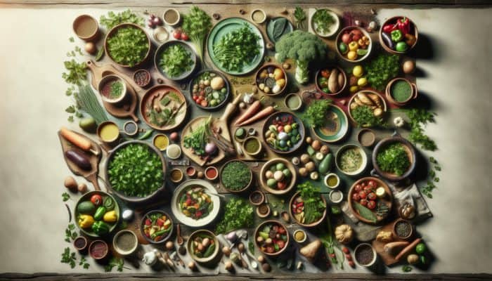 Fresh parsley garnishing colorful dishes on a rustic wooden table, enhancing flavor and aesthetic appeal.