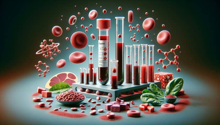 Ferritin Blood Test in Accrington: Illustration of ferritin blood test with vial and iron-rich foods, showing deficiency and excess.