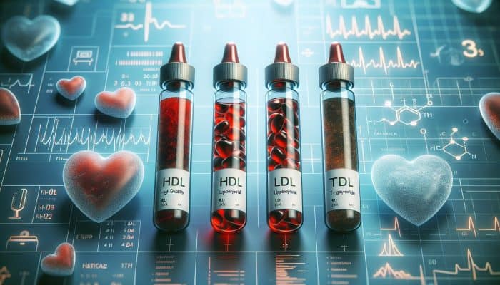 Cholesterol Blood Test in Eccles: Visual representation of cholesterol test vials labeled HDL, LDL, triglycerides, accompanied by a heart symbolizing heart health.