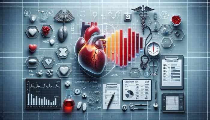 Cholesterol test report displaying LDL, HDL, triglyceride graphs, heart, and medical symbols highlighting health insights.