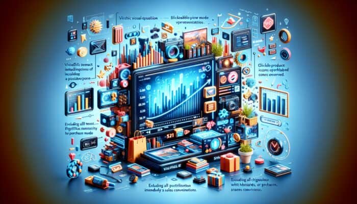 A vibrant digital interface with a shoppable video, clickable product icons, enhancing sales conversion.