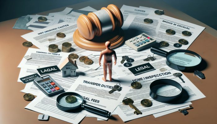 A first-time home buyer in Pietermaritzburg overwhelmed by hidden costs like transfer duties, legal fees, and home inspection expenses, surrounded by documents and a calculator.