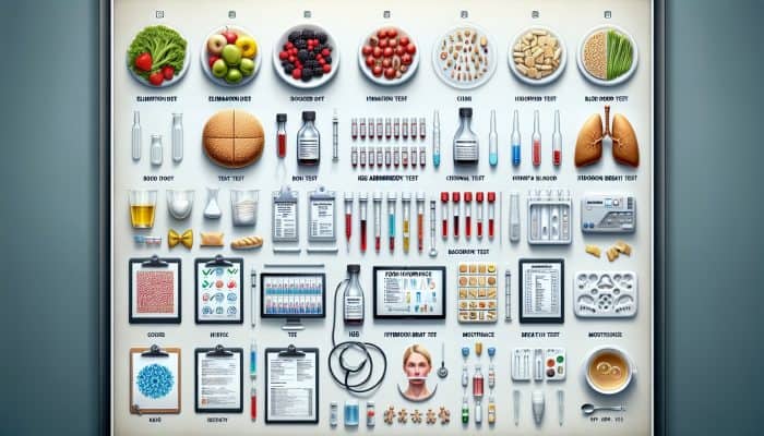 Food Intolerance Test in Swinton: Various food intolerance tests, including elimination diets, IgG antibody blood tests, and hydrogen breath tests, showcasing foods and equipment.