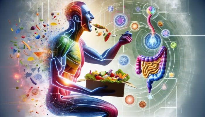 Person enjoying a vibrant meal, accompanied by an illustration of the digestive system and health symbols.