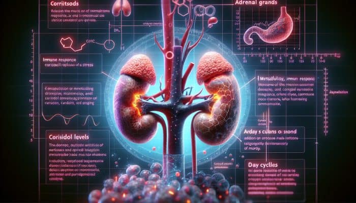 Cortisol Blood Test in Rochdale: Detailed illustration of adrenal glands releasing cortisol, illustrating its effects on metabolism, immunity, and stress, alongside a graph of daily cortisol levels.